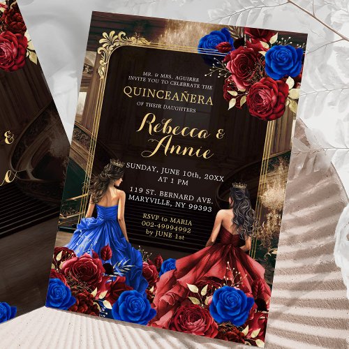 Royal Blue and Burgundy Red Floral Royal 15 Aos Invitation