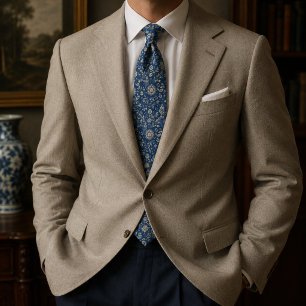 Royal Blue and Champagne Antique Botanical Neck Tie