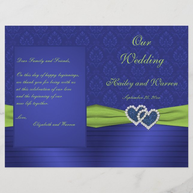 Royal Blue and Chartreuse Damask Wedding Program (Front)