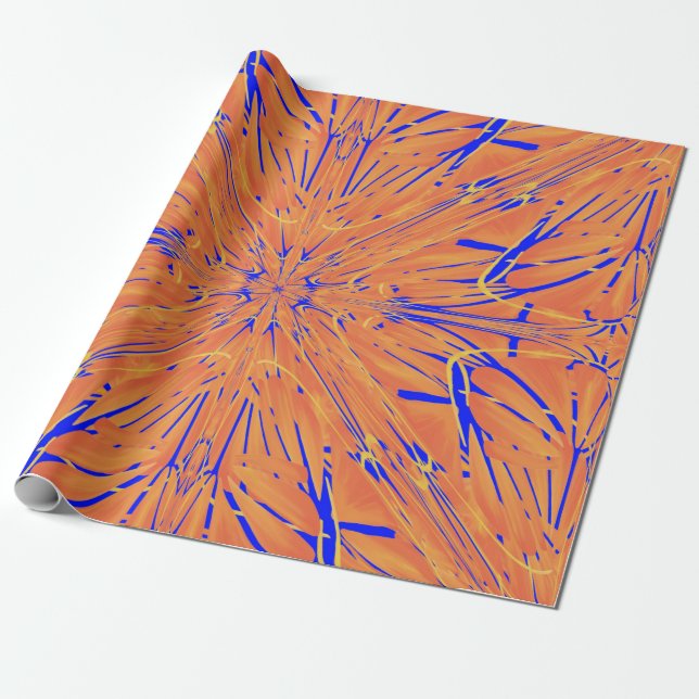 Royal Blue And Citrus Orange Tropical Art Design Wrapping Paper (Unrolled)