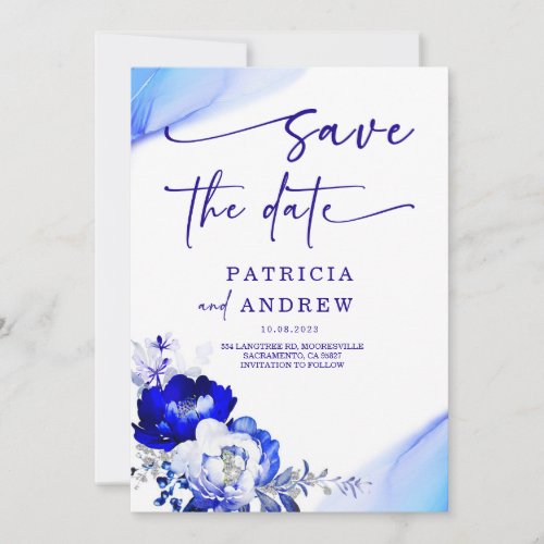 Royal Blue and Dusty Blue Roses  Save the Date Invitation