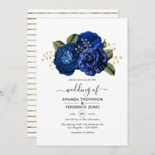 Royal Blue and Faux Foil Gold Floral Wedding Invitation