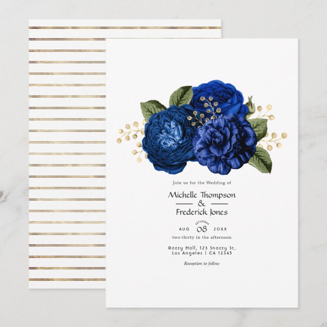 Royal Blue and Faux Foil Gold Floral Wedding Invitation (Front/Back)