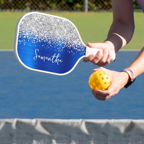 Royal Blue and Glittery Silver Glam Script Name Pickleball Paddle