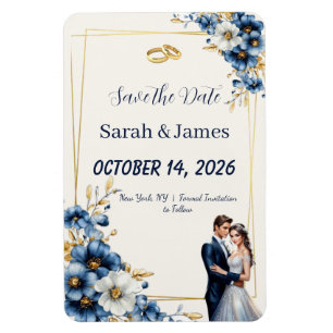 Royal Blue and Gold 3D Floral Save the Date Magnet