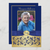 Royal Blue and Gold 75th Photo Birthday Invitation (Front/Back)