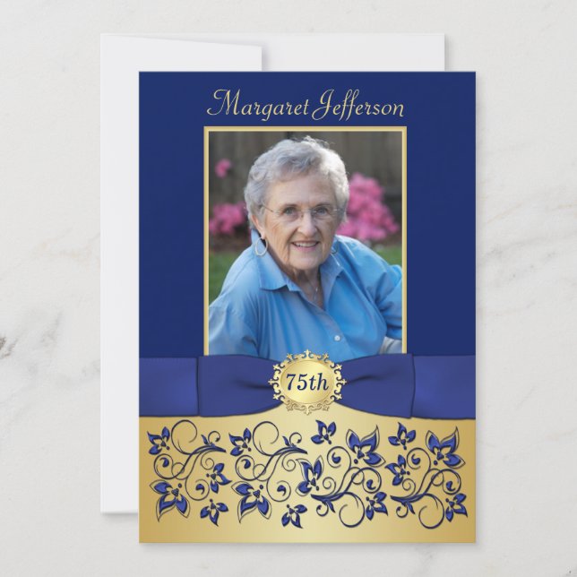 Royal Blue and Gold 75th Photo Birthday Invitation (Front)