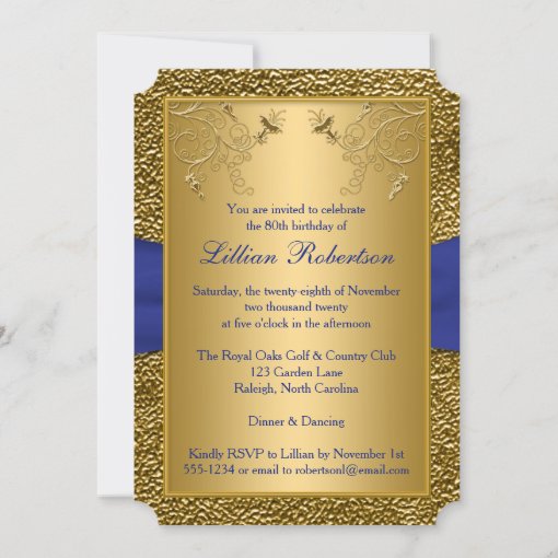 Royal Blue and Gold 80th Birthday Invitation | Zazzle