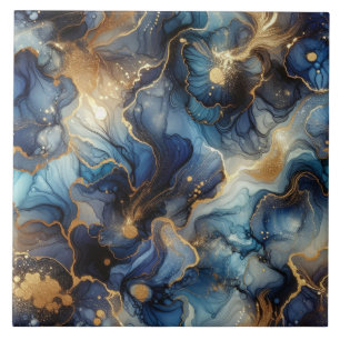 Royal Blue and Gold Alcohol Ink Ceramic Tile