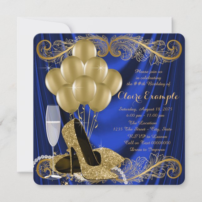 Royal Blue and Gold Birthday Party Satin Glam Invitation (Front)