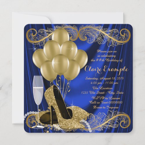 Royal Blue and Gold Birthday Party Satin Glam Invitation