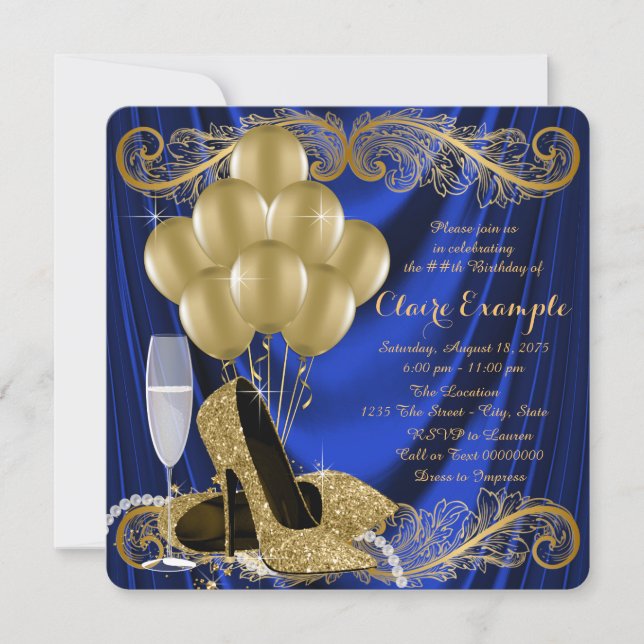 Royal Blue and Gold Birthday Party Satin Glam Invitation (Front)