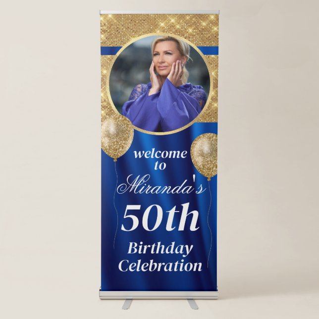 Royal Blue and Gold Birthday Retractable Banner (Front)