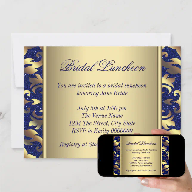 Royal Blue and Gold Bridal Luncheon Invitation | Zazzle