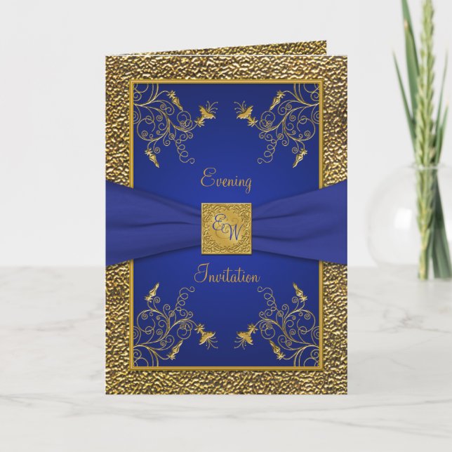 Royal Blue and Gold Card Style Evening Invitation (Front)