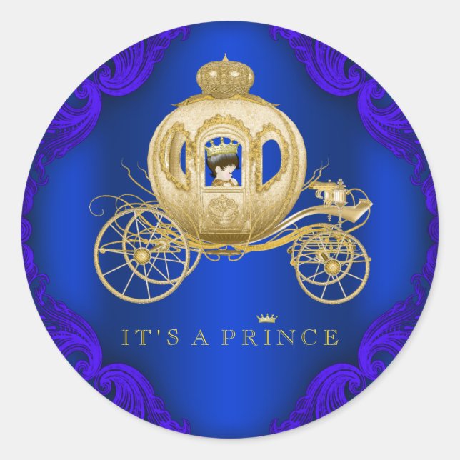 Royal Blue and Gold Carriage Prince Baby Shower Classic Round Sticker (Front)