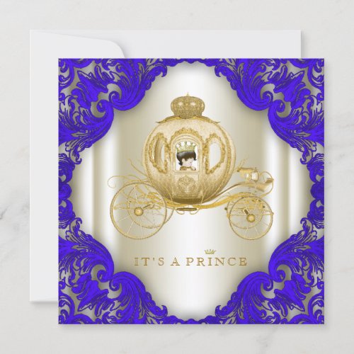 Royal Blue and Gold Carriage Prince Baby Shower Invitation