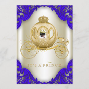 Royal Blue and Gold Carriage Prince Baby Shower Invitation