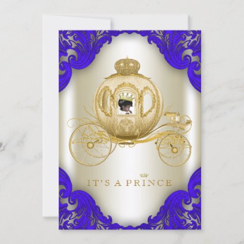 Royal Blue and Gold Carriage Prince Baby Shower Invitation