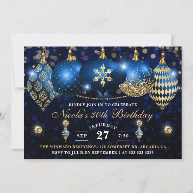 Royal Blue and Gold Christmas Baubles Birthday Invitation (Front)