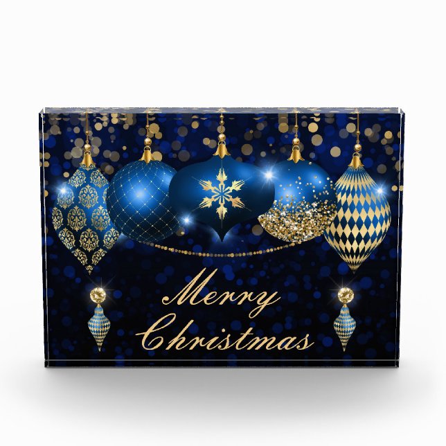 Royal Blue and Gold Christmas Baubles Photo Block (Front)