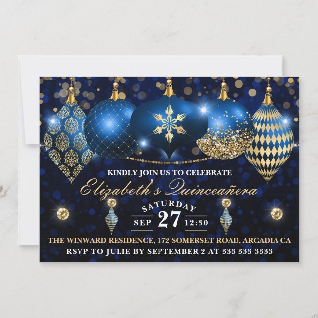 Royal Blue and Gold Christmas Baubles Quinceañera Invitation (Front)