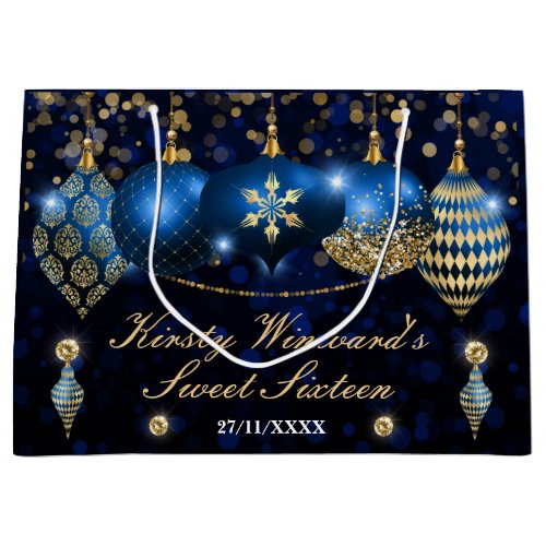 Royal Blue and Gold Christmas Baubles Sweet 16 Large Gift Bag