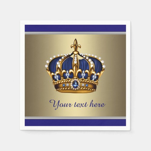 Royal Blue and Gold Crown Baby Shower Paper Napkins