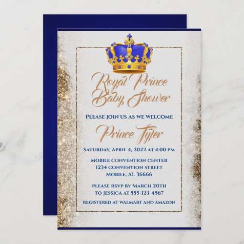 Royal Blue and Gold Crown Prince Baby Shower Invitation