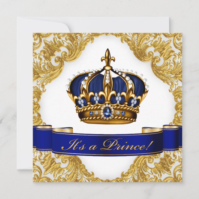 Royal Blue and Gold Crown Prince Baby Shower Invitation (Front)