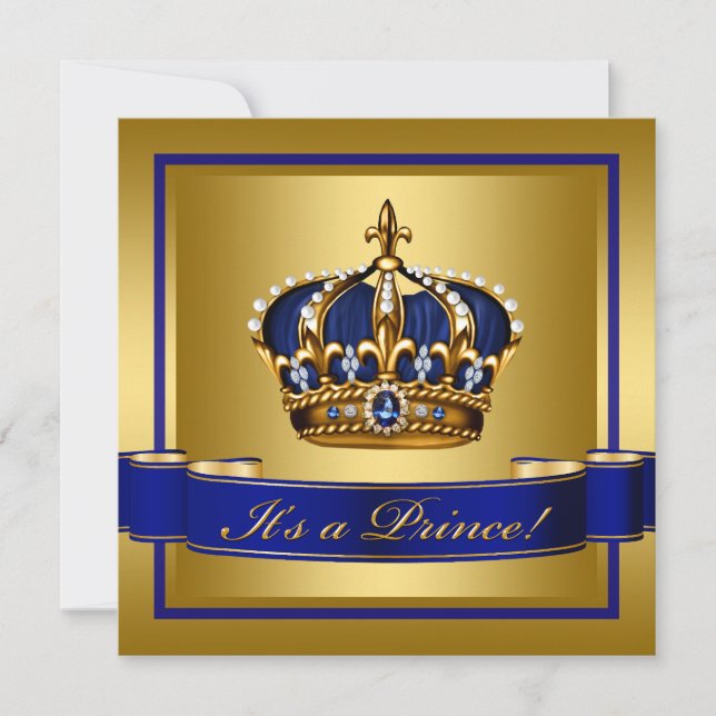 Royal Blue and Gold Crown Prince Baby Shower Invitation (Front)
