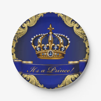 Royal Blue and Gold Crown Prince Baby Shower Paper Plate