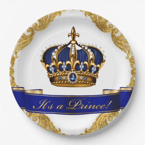 Royal Blue and Gold Crown Prince Baby Shower Paper Plates