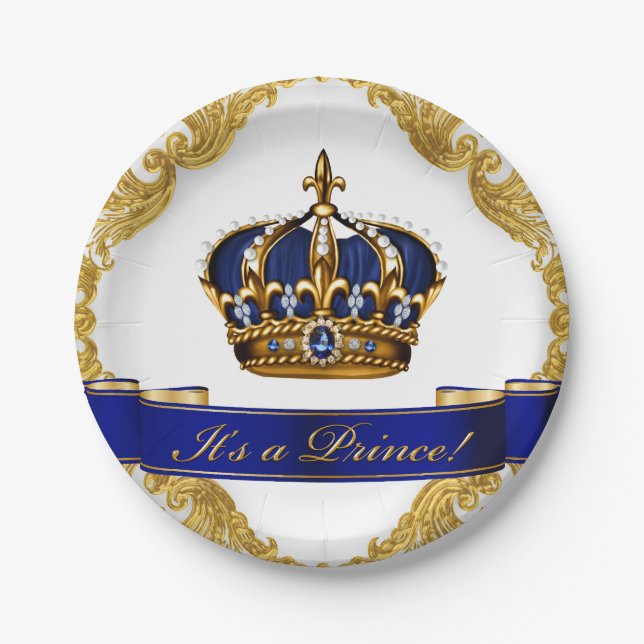 Royal Blue and Gold Crown Prince Baby Shower Paper Plates (Front)