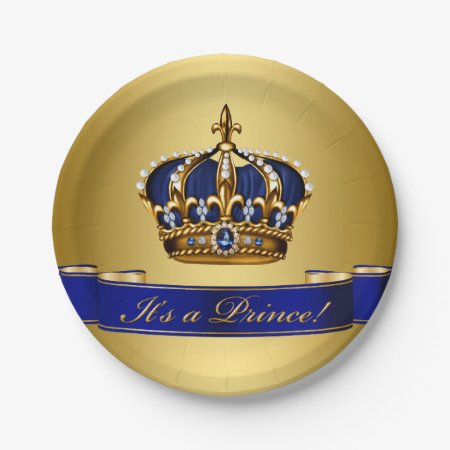 Royal Blue And Gold Crown Prince Baby Shower Paper Plates