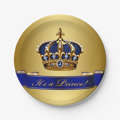 Royal Blue and Gold Crown Prince Baby Shower Paper Plates