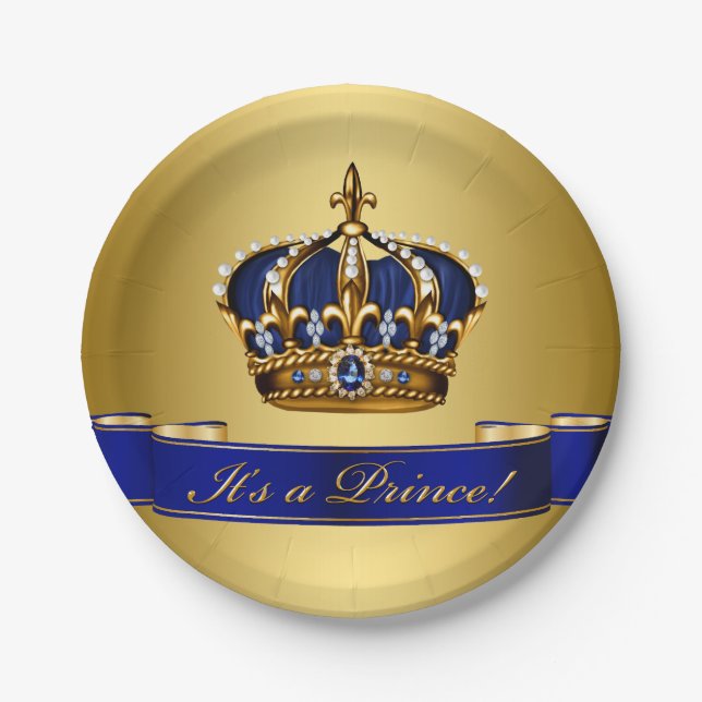 Royal Blue and Gold Crown Prince Baby Shower Paper Plates (Front)