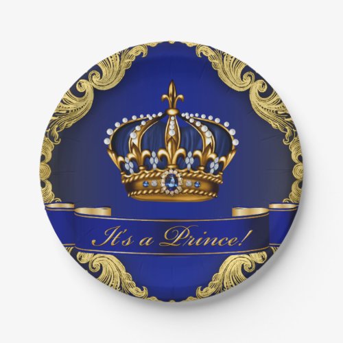 Royal Blue and Gold Crown Prince Baby Shower Paper Plates
