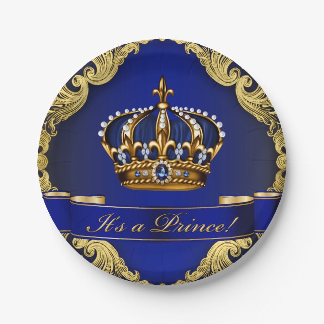 Royal Blue and Gold Crown Prince Baby Shower Paper Plates (Front)