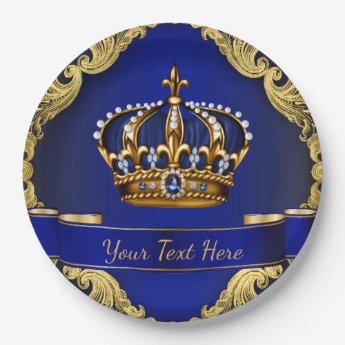 Royal Blue and Gold Crown Prince King Paper Plates