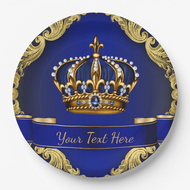 Royal Blue and Gold Crown Prince King Paper Plates (Front)