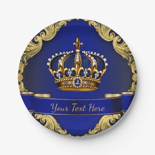 Royal Blue and Gold Crown Prince Paper Plates