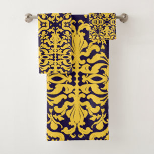 Royal Blue and Gold Damask Bath Towel Set