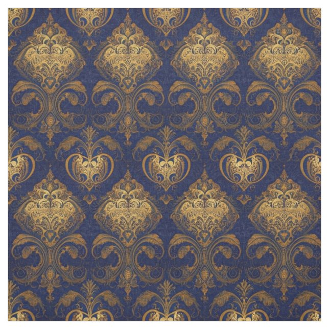 Royal Blue and Gold Damask Design Fabric (Swatch)