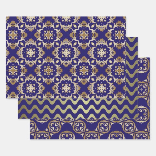 Royal Blue And Gold Damask Geometric Patterns Wrapping Paper Sheets