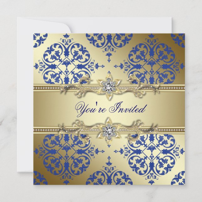 Royal Blue and Gold Damask Party Invitations (Front)