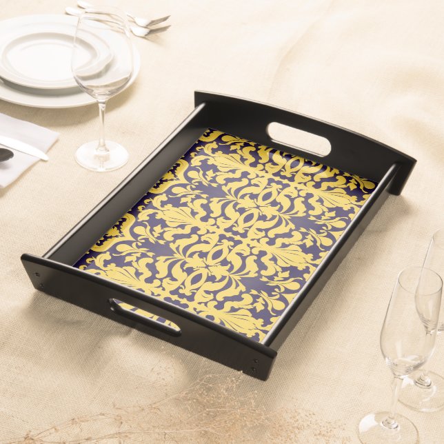 Royal Blue and Gold Damask Serving Tray (Front)
