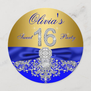 Royal Blue and Gold Diamond Sweet 16 Party Invitation