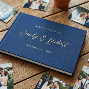 Royal Blue and Gold Elegant Script Wedding Photo Foil Guest Book