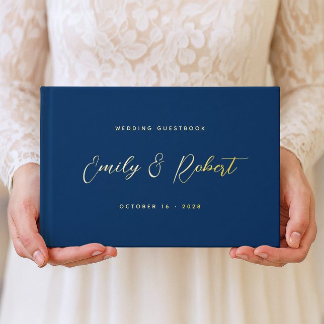 Royal Blue and Gold Elegant Script Wedding Photo Foil Guest Book (Creator Uploaded)